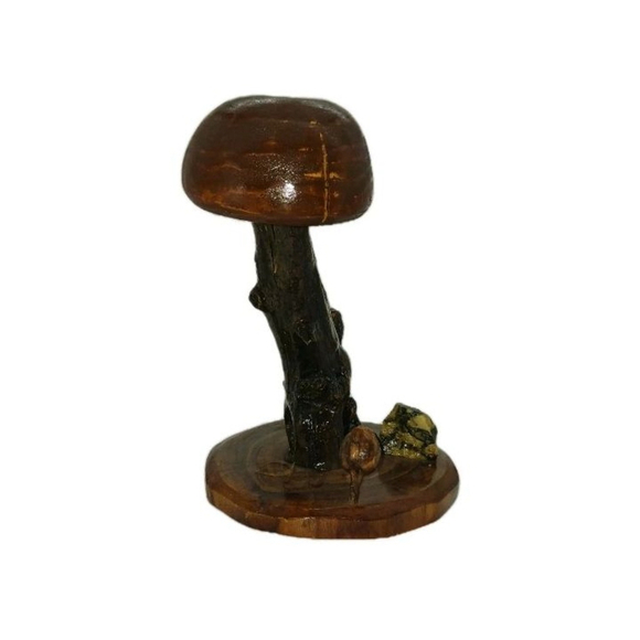 Vintage Hand Carved Wooden Mushroom Stone Sculptures 1980s Folk Art - Picture 2 of 10